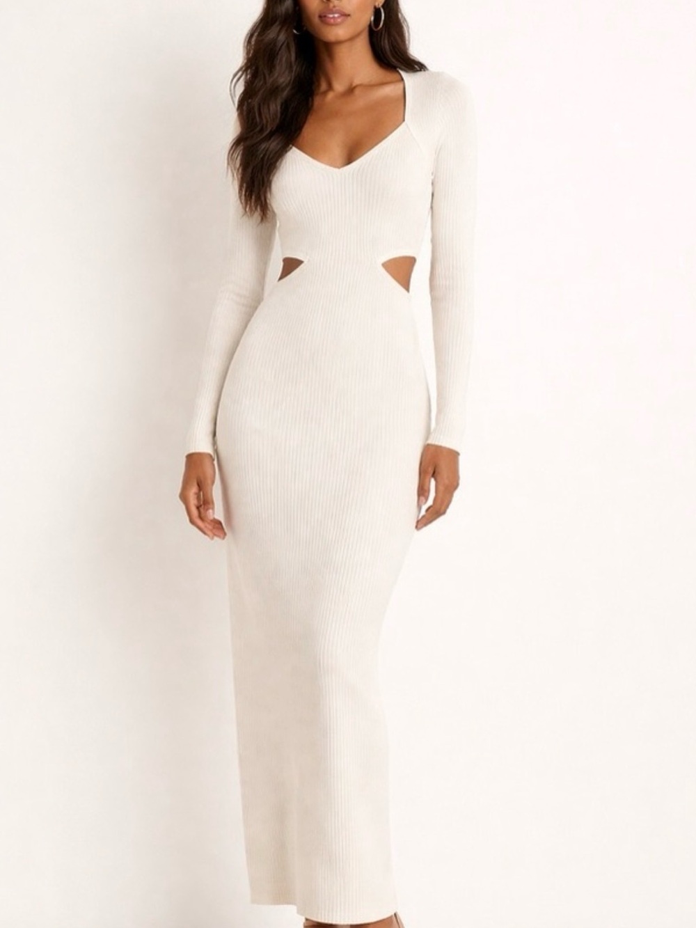 Abercrombie & Fitch Cream Long Sleeve Ribbed Maxi Dress with Side Cutouts